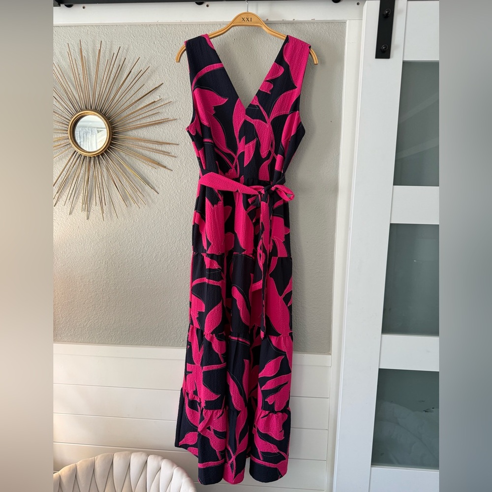 DKNY Black Maxi Dress with Hot Pink Abstract Print and Belt